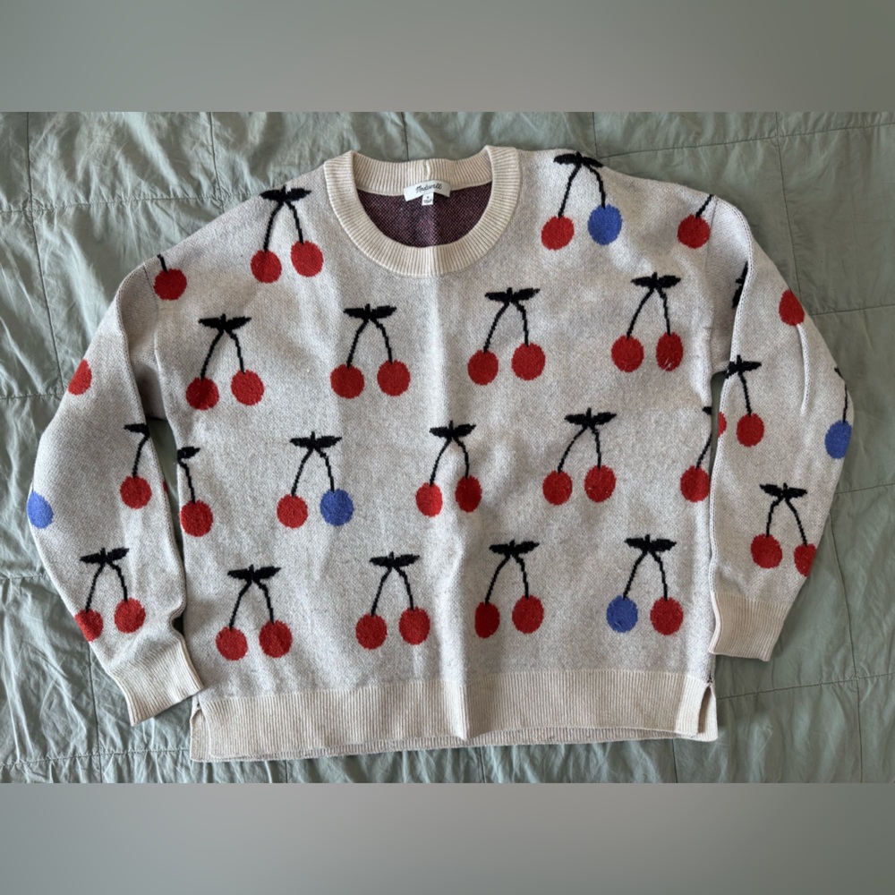 Madewell Red and Blue Cherry Jacquard Pullover Thick Sweater. Small